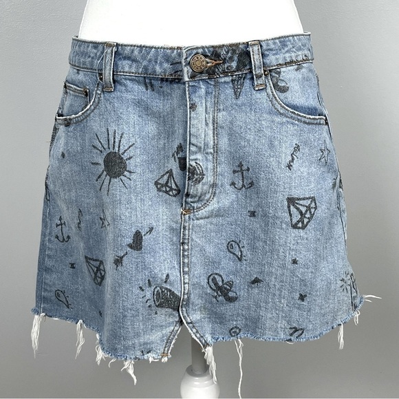 BDG Dresses & Skirts - BDG Denim doodle graffiti print distressed raw hem mini skirt, size large.